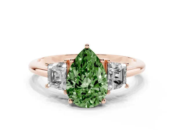 Fancy Green Pear Cut Diamond Three-Stone Ring with Trapezoid Side Stones and Prong Setting Rose gold