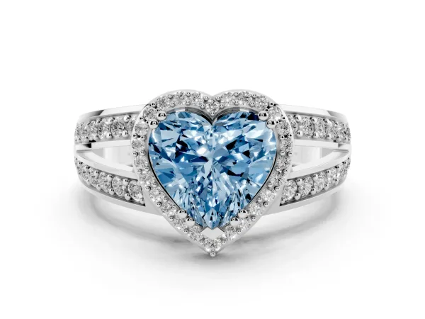 Fancy Blue Heart Cut Diamond Halo Ring with Split Shank Pavé Band and Four-Prong Setting Platinum