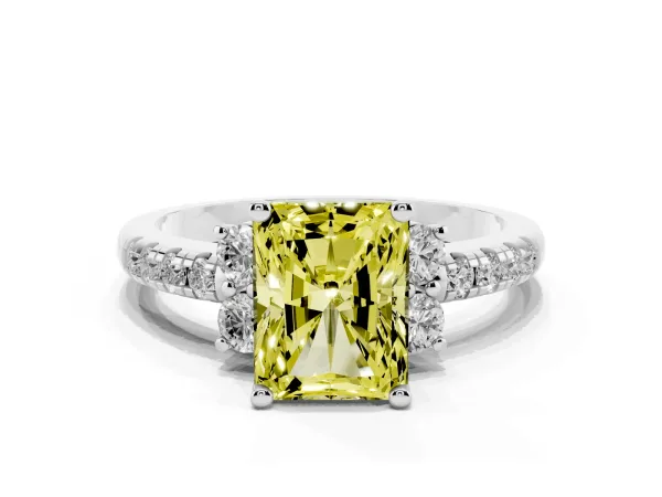 Fancy Yellow Radiant Cut Diamond Three-Stone Pave Band with Four-Prong Setting Platinum