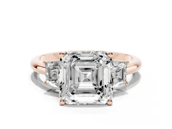 Asscher Cut Diamond Three-Stone Ring with Trapezoid Side Stones and Prong Setting Rose gold