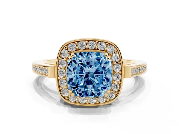 Fancy Blue Cushion Cut Diamond Halo Ring with Split Shank and Four-Prong Setting Yellow gold