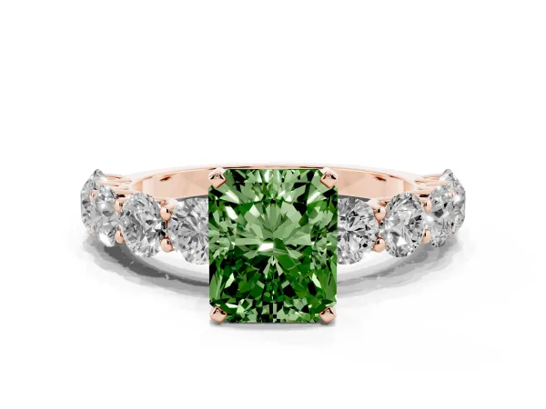 Fancy Green Radiant Cut Diamond Prong Setting with Side Stones on a Pave Band Rose gold