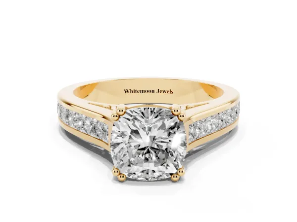 Cushion Cut Cut Channel Set Solitaire Engagement Ring with Prong Setting Yellow gold