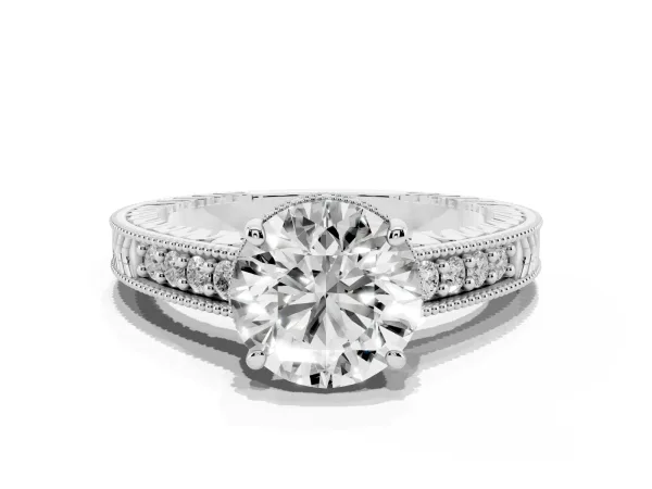 Round Cut Solitaire Pavé Diamond Milgrain Engagement Ring with Four-Prong Setting Platinum