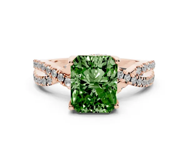 Fancy Green Radiant Cut Solitaire Twist Pave Diamond Engagement Ring with Prong Setting Rose gold