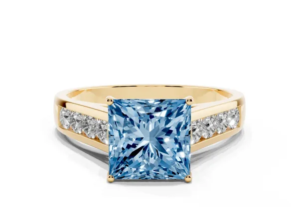 Fancy Blue Princess Cut Solitaire Channel-Set Diamond Engagement Ring with Four-Prong Setting Yellow gold