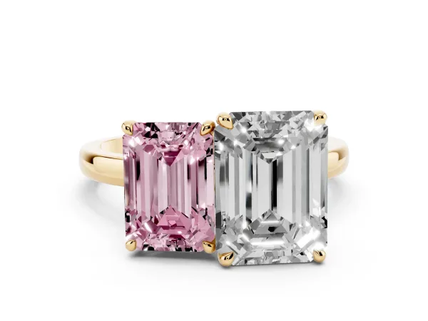 Fancy Pink Emerald Cut and Emerald Cut Toi Moi Ring with Prong Setting Yellow gold