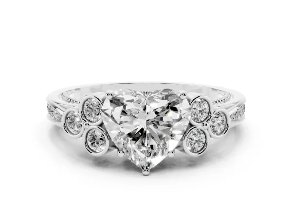 Heart Cut Cut Diamond Engagement Ring with Bezel Set Round Side Stones and Prong Setting White gold