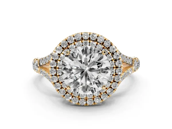 Round Cut Cut Double Halo Split Shank Diamond Ring with Prong Setting Yellow gold