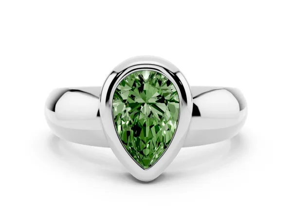 Fancy Green Bezel Set Pear Cut Solitaire Ring with Wide Band White gold