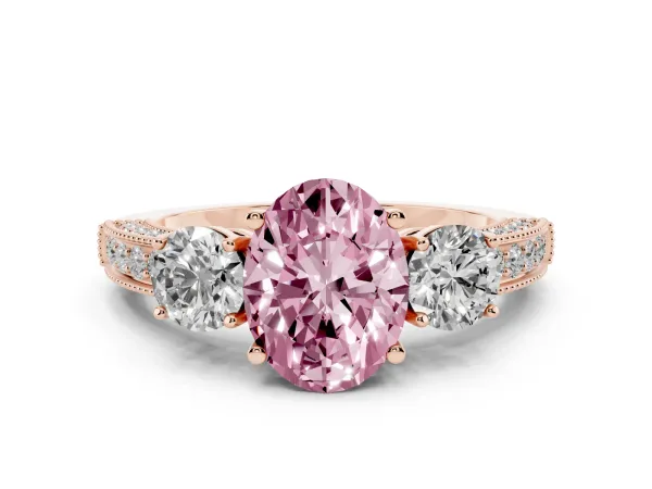 Fancy Pink Oval Cut Three-Stone Diamond Ring with Pavé Band and Four-Prong Setting Rose gold