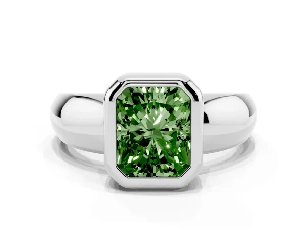 Fancy Green Bezel Set Radiant Cut Solitaire Ring with Wide Band White gold