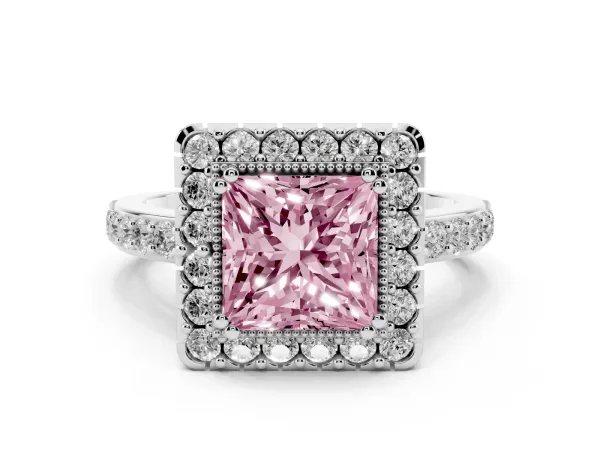 Fancy Pink Princess Cut Diamond Halo Ring with Pavé Band and Prong Setting Platinum