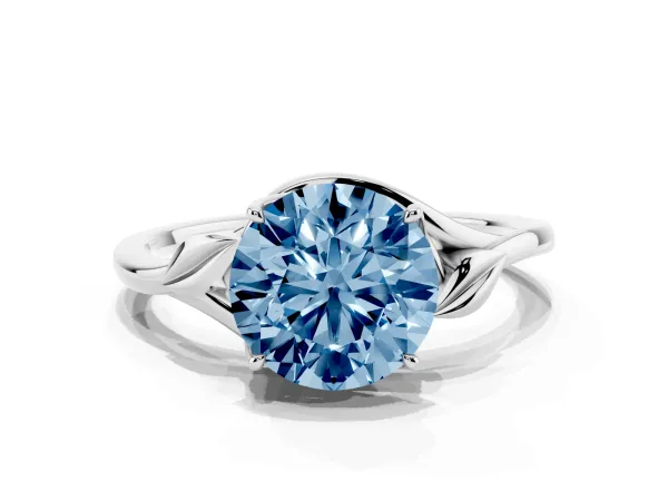 Fancy Blue Round Cut Diamond Solitaire Ring with Twist Band and Four-Prong Setting Platinum
