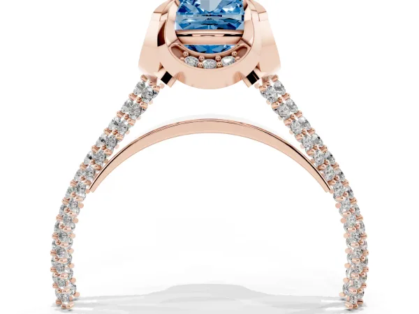 Fancy Blue Cushion Cut Solitaire Pave Split Shank Ring with Four-Prong Setting Rose gold