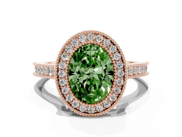 Fancy Green Halo Oval Cut-Cut Diamond Pave Band Milgrain Prong Setting Ring Rose gold