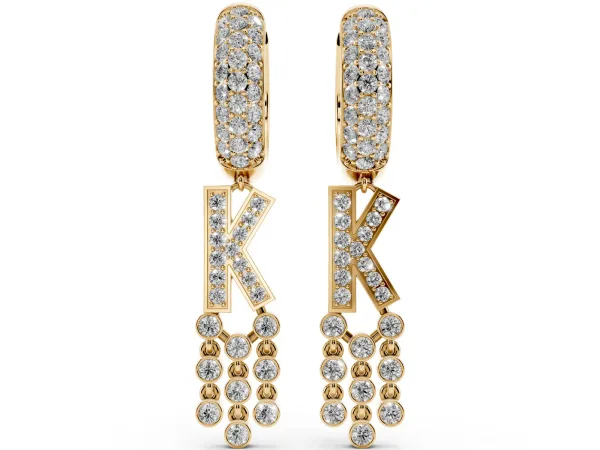 Round Diamond Initial K Huggie Hoop Earrings Yellow gold