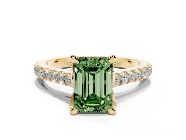 Fancy Green Emerald Cut Brilliant Diamond Solitaire with Pavé Band and Four-Prong Setting Yellow gold