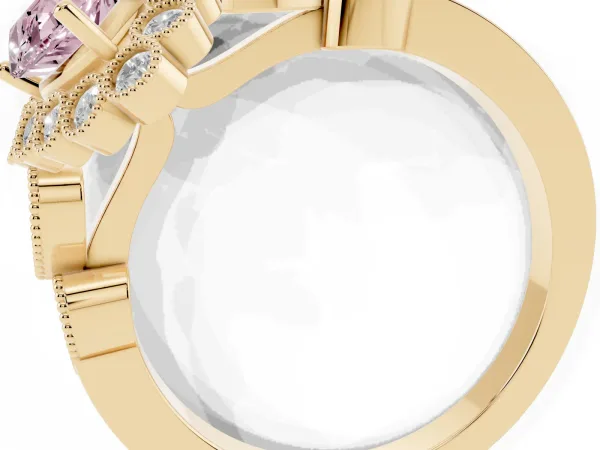 Fancy Pink Marquise Cut Brilliant Milgrain Pave Heart Band Solitaire Ring Yellow gold