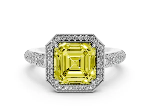 Fancy Yellow Asscher Cut Cut Halo Diamond Pave Band with Four-Prong Setting White gold
