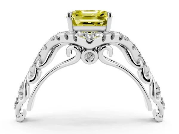 Fancy Yellow Asscher Cut Diamond Solitaire Ring with Hidden Halo and Pavé Band White gold