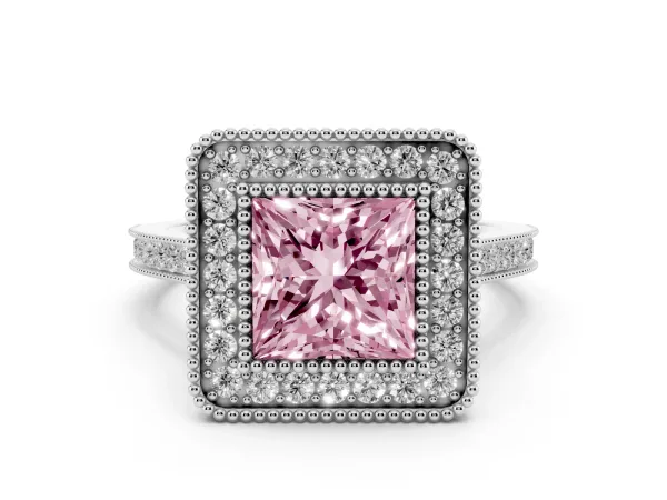 Fancy Pink Princess Cut Diamond Halo Ring with Milgrain Frame and Pavé Band White gold