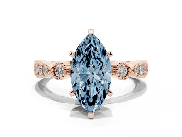 Fancy Blue Marquise Cut Milgrain Bezel Diamond Engagement Ring with Solitaire Prong Setting Rose gold