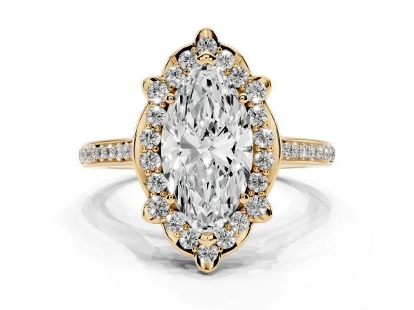 Marquise Cut Halo Round Diamond Pave Band with Four-Prong Setting Yellow gold