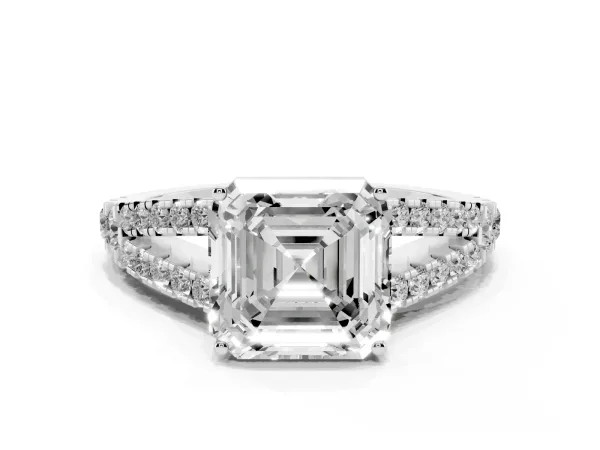 Asscher Cut Diamond Split Shank Pavé Engagement Ring with Four-Prong Setting White gold