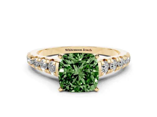 Fancy Green Cushion Cut Diamond Cathedral Solitaire Ring with Round Pavé Band Yellow gold