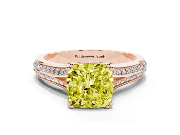 Fancy Yellow Cushion Cut Diamond Split Shank Engagement Ring with Pavé Band Rose gold
