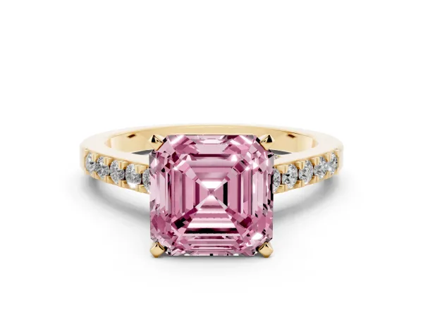 Fancy Pink Asscher Cut Diamond Solitaire Ring with Crossover Gallery and Round Pavé Band Yellow gold