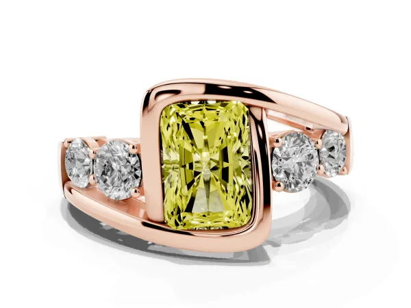 Fancy Yellow Bezel Set Radiant Cut Diamond Bypass Ring with Round Accents Rose gold