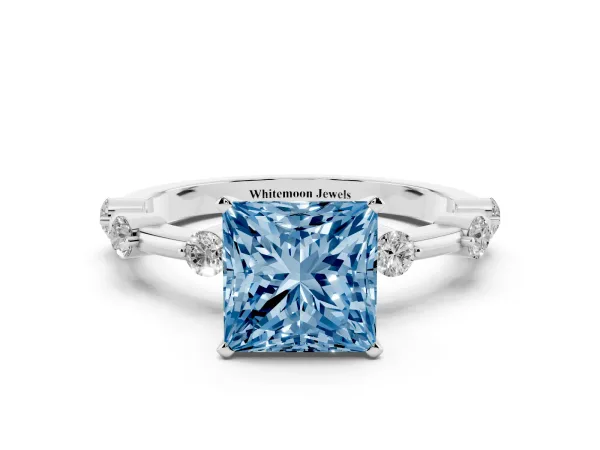 Fancy Blue Princess Cut Solitaire Diamond Ring with Bezel Set Side Stones and Prong Setting Platinum