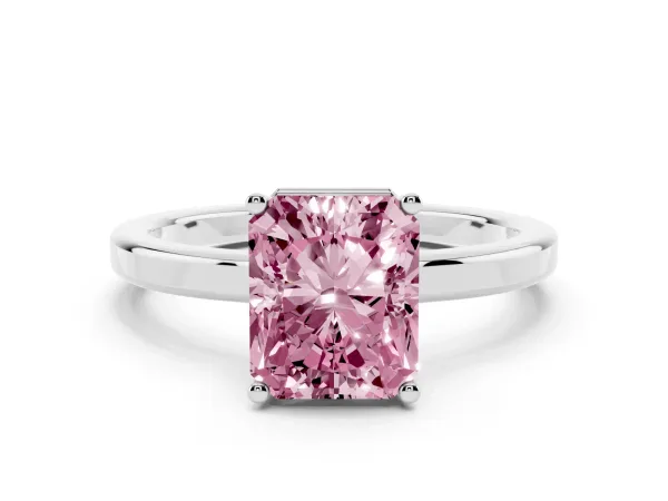 Fancy Pink Radiant Cut Cut Solitaire Engagement Ring with Four-Prong Setting on a Classic Band White gold