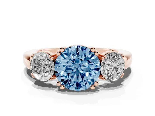 Fancy Blue Three-Stone Round Cut Cut Diamond Ring with Channel Set Band and Four-Prong Setting Rose gold