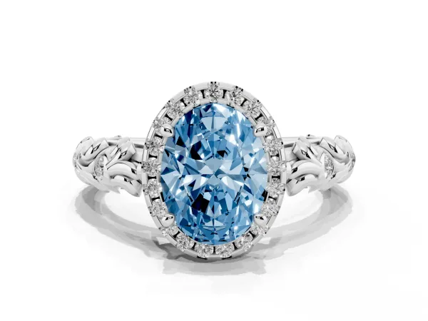 Fancy Blue Oval Cut Diamond Halo Ring with Filigree Band and Prong Setting White gold