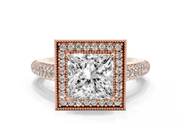 Princess Cut Cut Halo Diamond Pave Band with Four-Prong Setting Rose gold