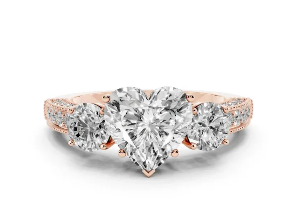 Heart Cut Three-Stone Diamond Ring with Pavé Band and Four-Prong Setting Rose gold