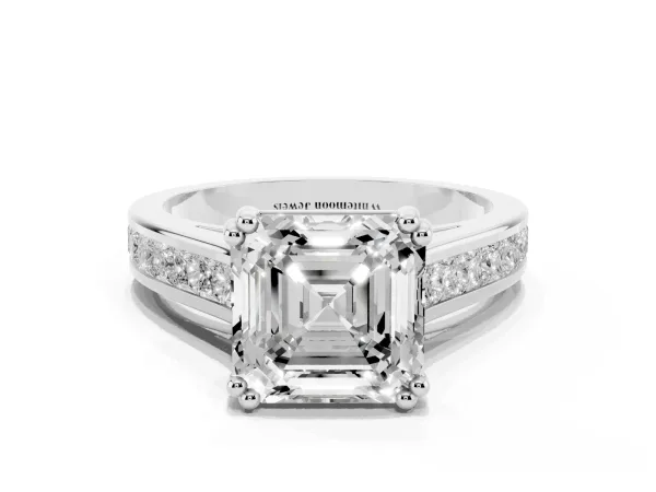 Asscher Cut Cut Channel Set Solitaire Engagement Ring with Prong Setting White gold