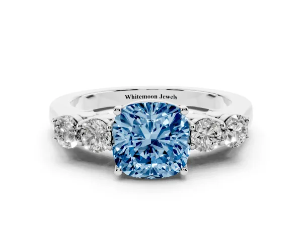 Fancy Blue Cushion Cut Cut Diamond Five-Stone Prong Set White Gold Ring Platinum