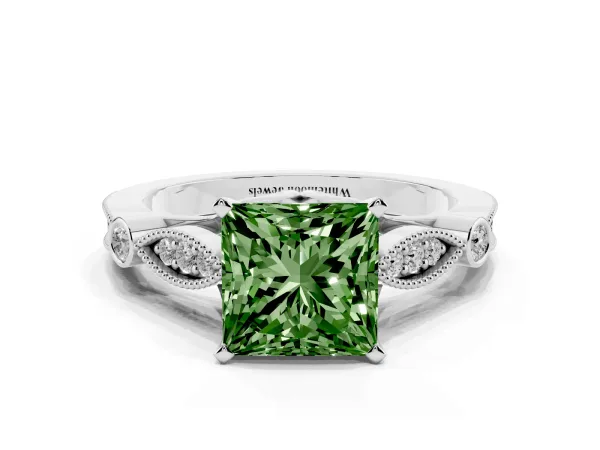 Fancy Green Princess Cut Cut Diamond with Milgrain Marquise and Bezel Accents on a Solitaire Band with Prong Setting White gold