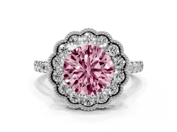 Fancy Pink Round Cut Cut Diamond Milgrain Floral Halo Engagement Ring with Pavé Band White gold
