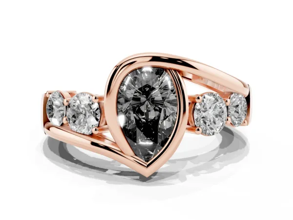 Fancy Black Bezel Set Pear Cut Diamond Bypass Ring with Round Accents Rose gold