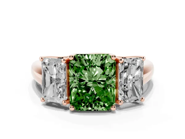 Fancy Green Three-Stone Radiant Cut Diamond Engagement Ring with Prong Setting Rose gold
