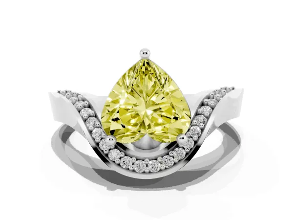 Fancy Yellow Heart Cut Solitaire Diamond Engagement Ring with Pave Band and Four-Prong Setting Platinum