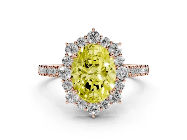 Fancy Yellow Oval Cut Halo Diamond Ring with Pavé Band and Prong Setting Rose gold