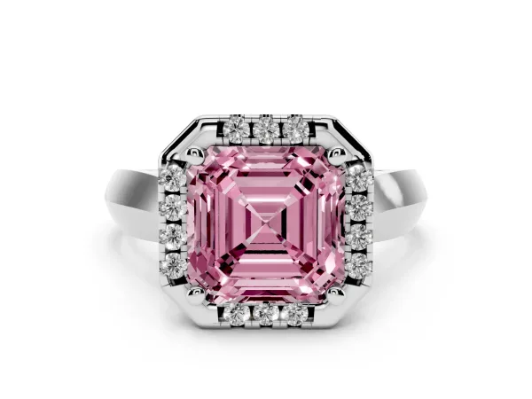 Fancy Pink Asscher Cut Cut Halo Solitaire Engagement Ring with Square Band and Four-Prong Setting Platinum