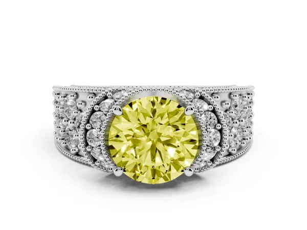 Fancy Yellow Round Cut Halo Pave Diamond Engagement Ring with Milgrain Detailing White gold