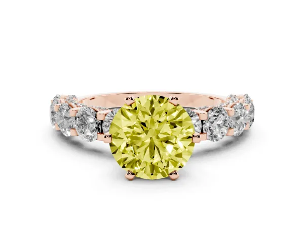 Fancy Yellow Round Cut Diamond Side Stone Engagement Ring with Four-Prong Setting Rose gold